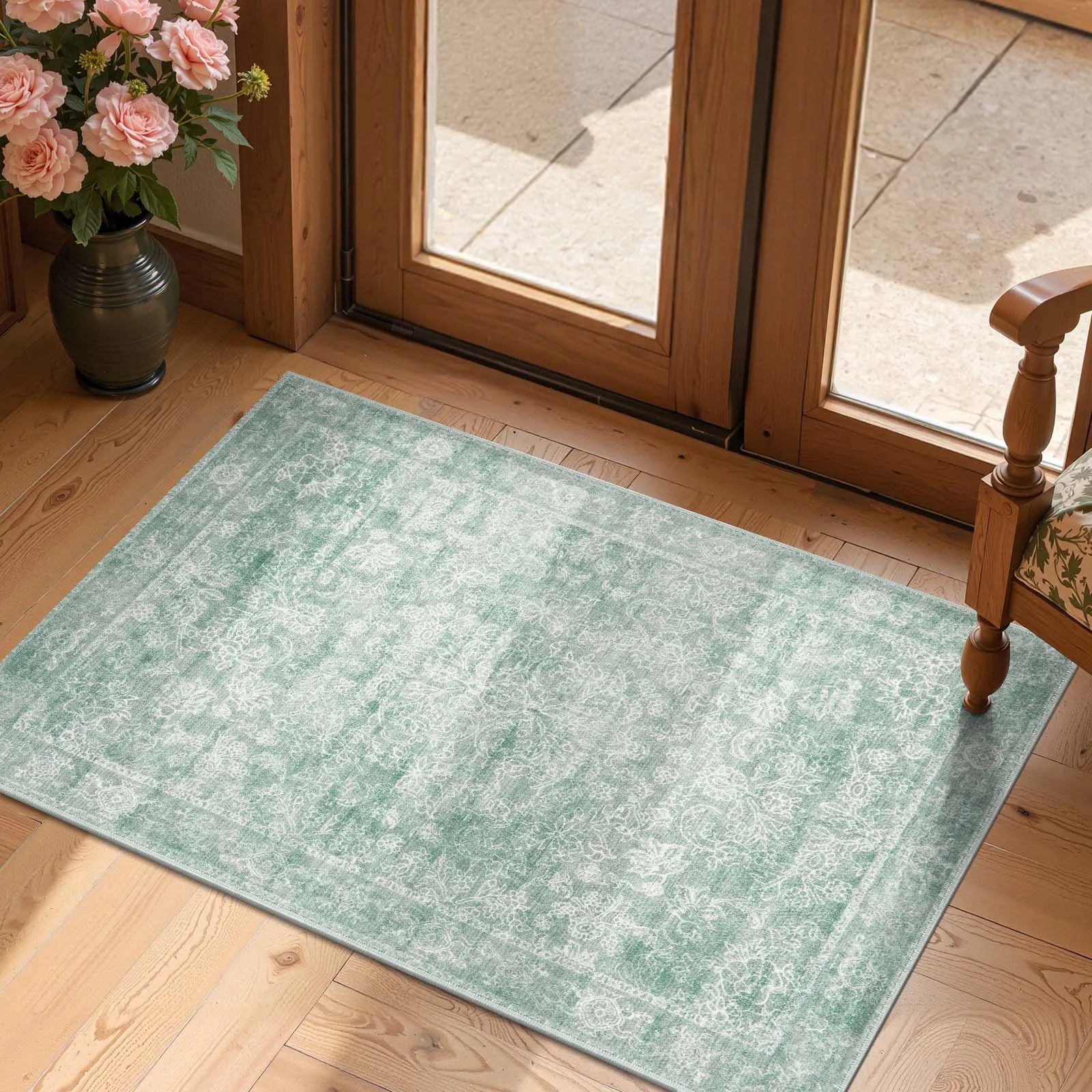Traditional Oriental Living Room Rug Persian Style Floral Mat for Bedroom Foyer Distressed Green Area Carpet Decor