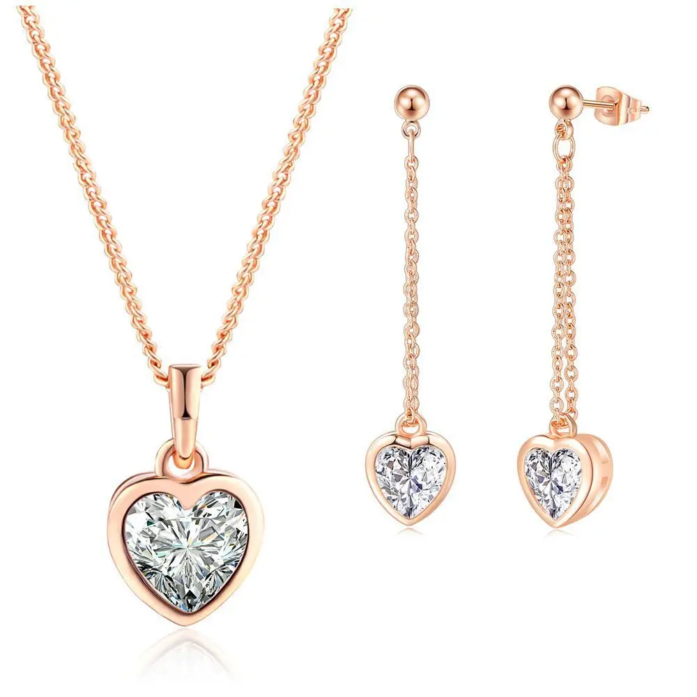 MxGxFam chapado en oro rosa/blanco línea larga corazón encanto conjunto de joyería mujeres (collar colgante y pendiente) alta calidad CZ AAA +