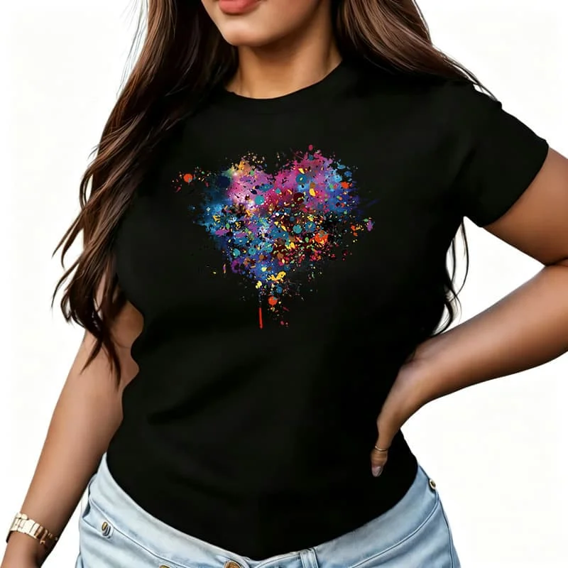 Splatter Heart-Shaped Women's T-Shirt 100% Cotton Funny Graphic Short Sleeve Tee Novelty Shirt Casual Crew Neck Top S-5Xl