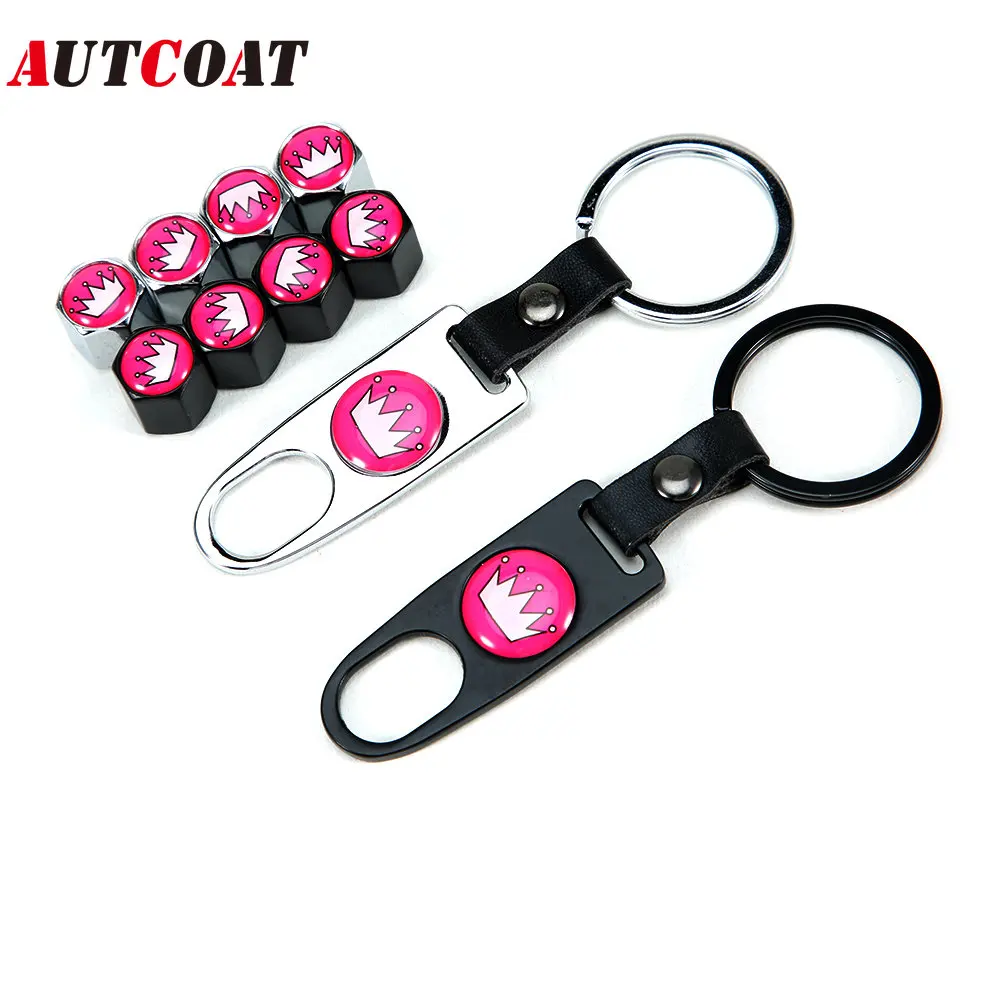 

1Set Pink Crown Style Anti-theft Car Wheel Air Tire Valves Tire Leather buckle Valve Caps Stem with Wrench Ring Spanner New