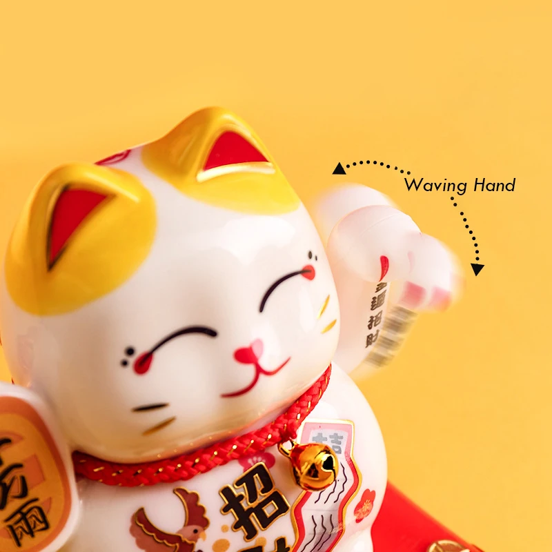 4.2 Inch Ceramic Beckoning Cat Waving Hand Maneki Neko Ornament Fortune Cat Figure Solar Powered or Battery