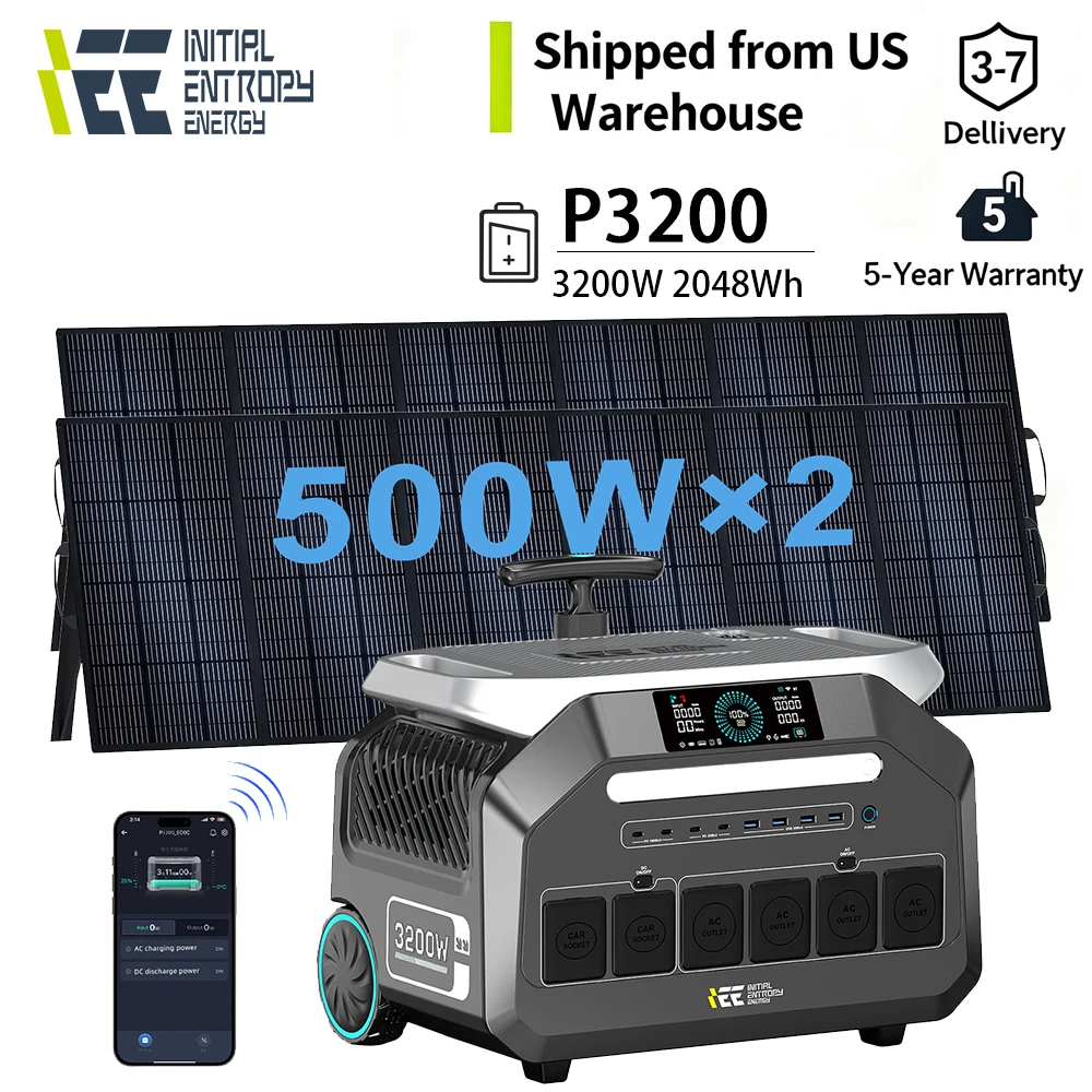 IEE P3200 3200W Power Station 2048Wh LiFePO4 Battery Hand Trolley 16 Interfaces Outlets APP Control with 2PCS 500W Solar Panels