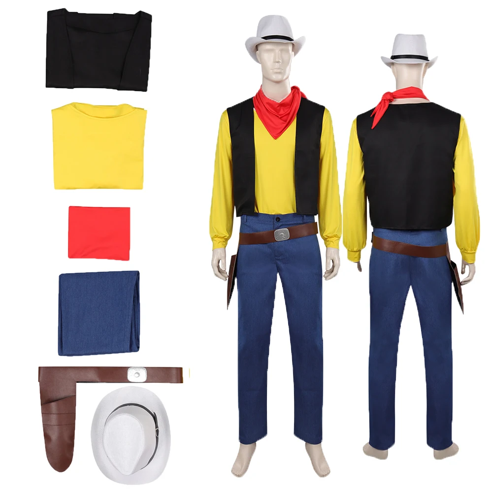 

Cos Cowboy Luke Cosplay Costume Outfits Uniform Shirt Vest Hat Pants For Adult Men Roleplay Halloween Carnival Disguise Suit