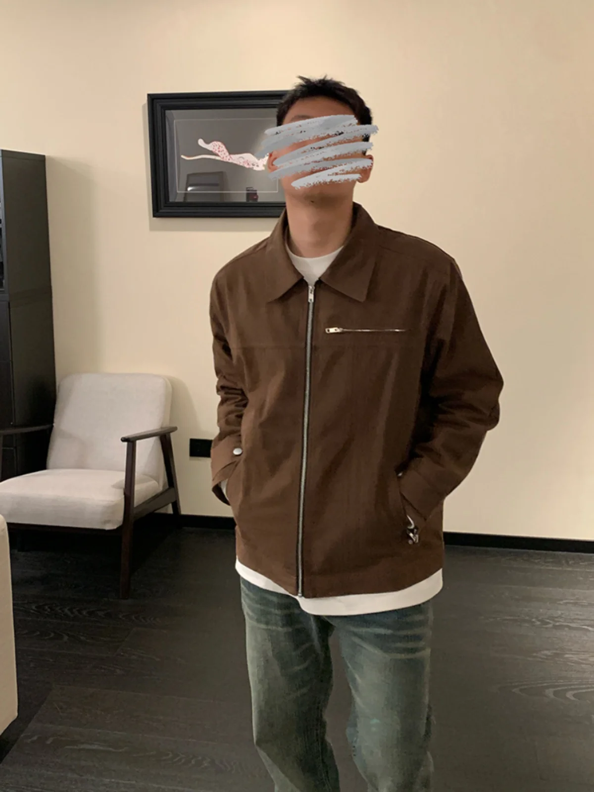 

American Oversize Zipper Design Jaet Outerwear ex Retro Loose Workwear Flight Coat Hong Kong Sle Long Sve Flip Collar