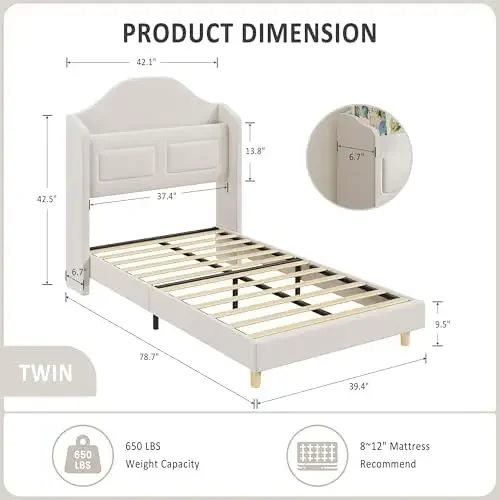 Twin Bed Frame for Kids, Upholstered Velvet Princess Platform Bed for Boys/Girls with Wingback, Bookcase Headboard &
