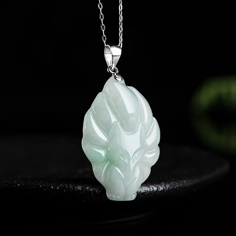 Jia Le/ 925 Silver Inlaid Natural Jade Light Green Nine-tailed Fox Necklace Pendant Jewelry Accessories Fashion Men Women Gift