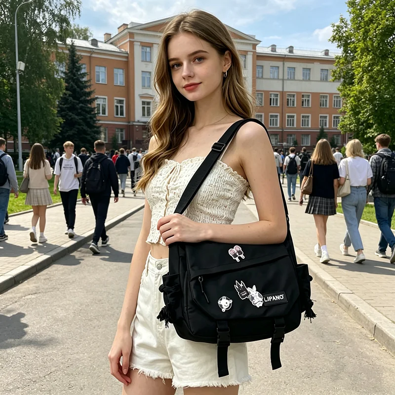 Nylon-Umhängetasche mit mehreren Taschen und Abzeichen, lässige Schul- und Reise-Umhängetasche für Teenager, Frauen, Männer, Studenten, für den täglichen Gebrauch