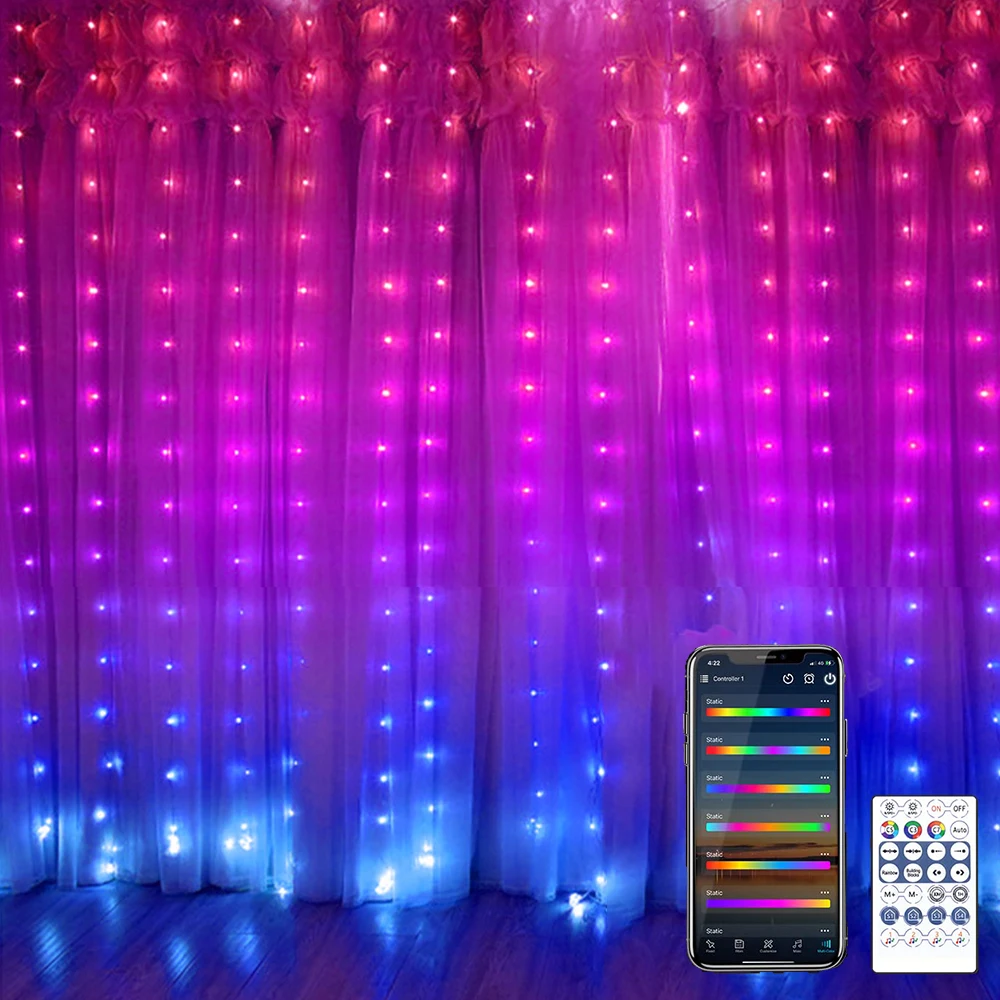 Fairy Curtain LED Light DC5V RGBIC WS2812B Smart Curtain String Light Bluetooth APP Control Christmas Fairy Light 3m200LEDs