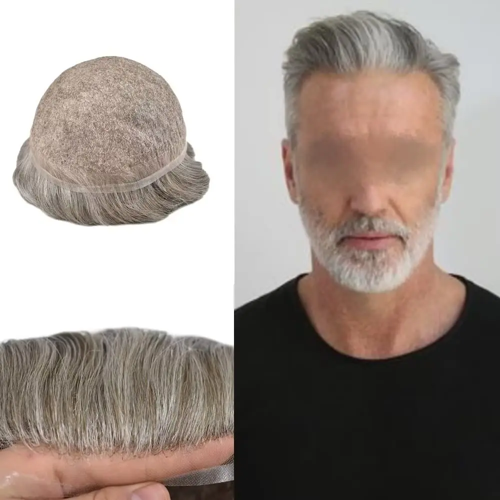 

Glueless 8x10 French Lace Hair System - #580 High Gray Salt Pepper European Hair, Undetectable Skin Fit for Men