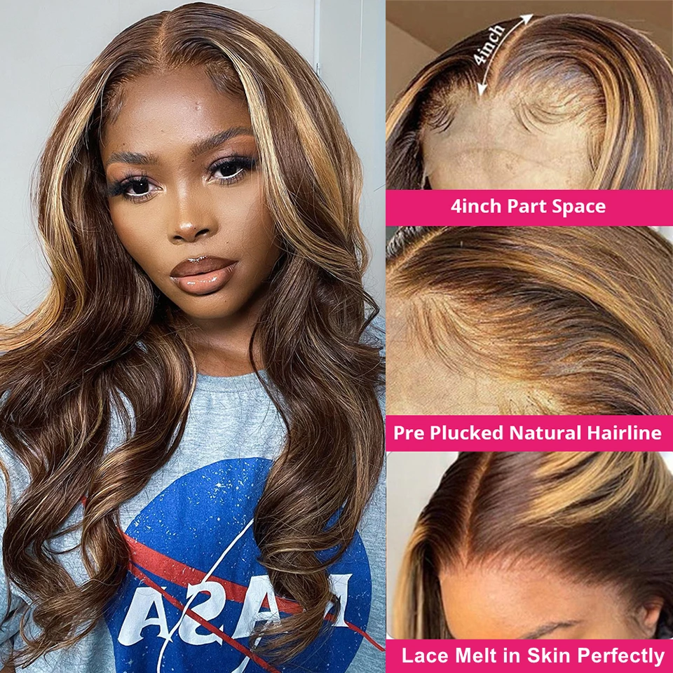 13X4 13X6 Hd Highlight Pruiken Menselijk Haar Body Wave Frontale Pruik Brazilian Brown Honingblonde Lace Front Pruik Voor Vrouwen 30 36 Inch