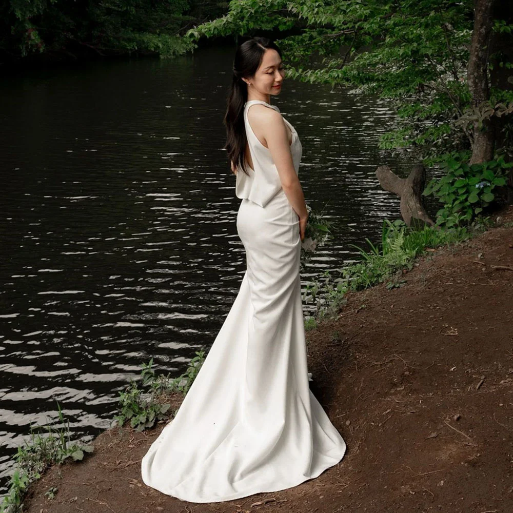 

TAFN Court Train Wedding Dresses O-Neck Sleeveless Elegant Bride Gown Korea Floor-Length Custom Made Wedding Photo Shoot Dresses