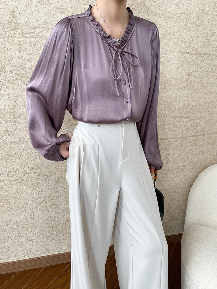 Women Purple Ruffles Elegant Big Size Blouse New V-neck Long Lantern Sleeve Shirt Fashion Tide Spring Autumn