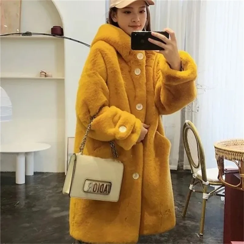 2023 NEW Thicken Mink Fur Coat Woman Cotton-padded Jackets Hooded Overcoat Autumn Winter Young Lady Oversize Faux Fur Long Coats