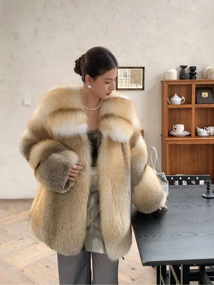 2025 겨울 럭셔리 따뜻한 여우 모피 잔디 코트 여성 중간 길이 전체 가죽 핀란드 자연 황금 섬 여우 패션 자켓