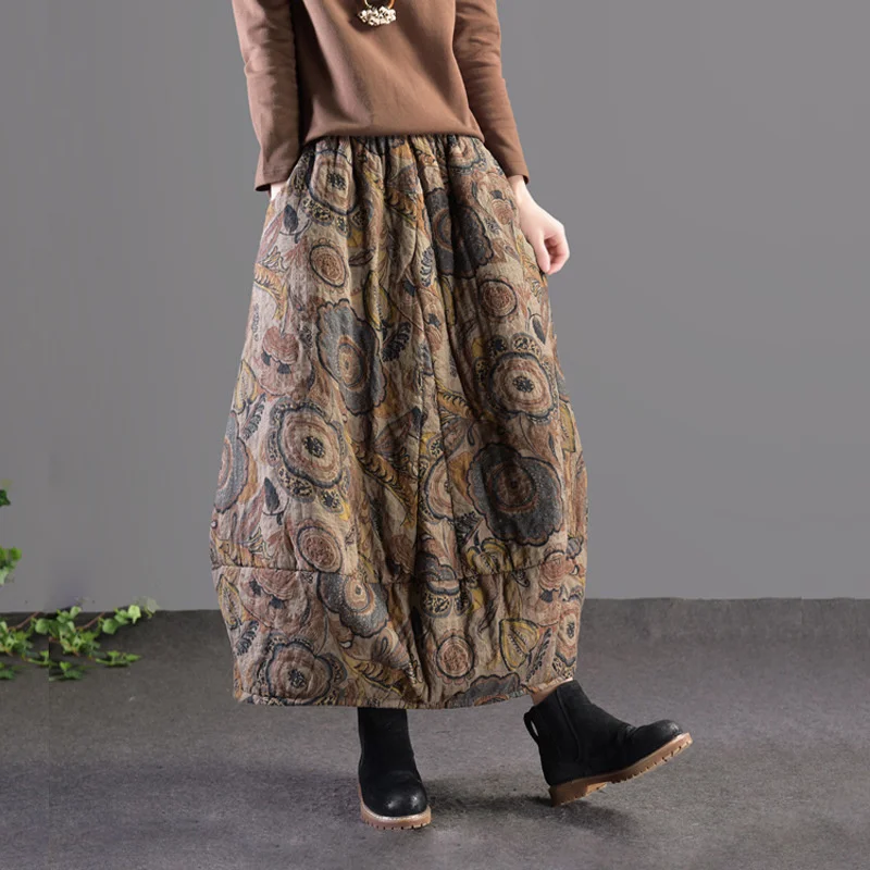 

NINI WONDERLAND 2023 Autumn Winter Print Vintage Bud Skirt Women Thicken Casual Cotton Linen Skirt Elastic Waist Loose Skirts