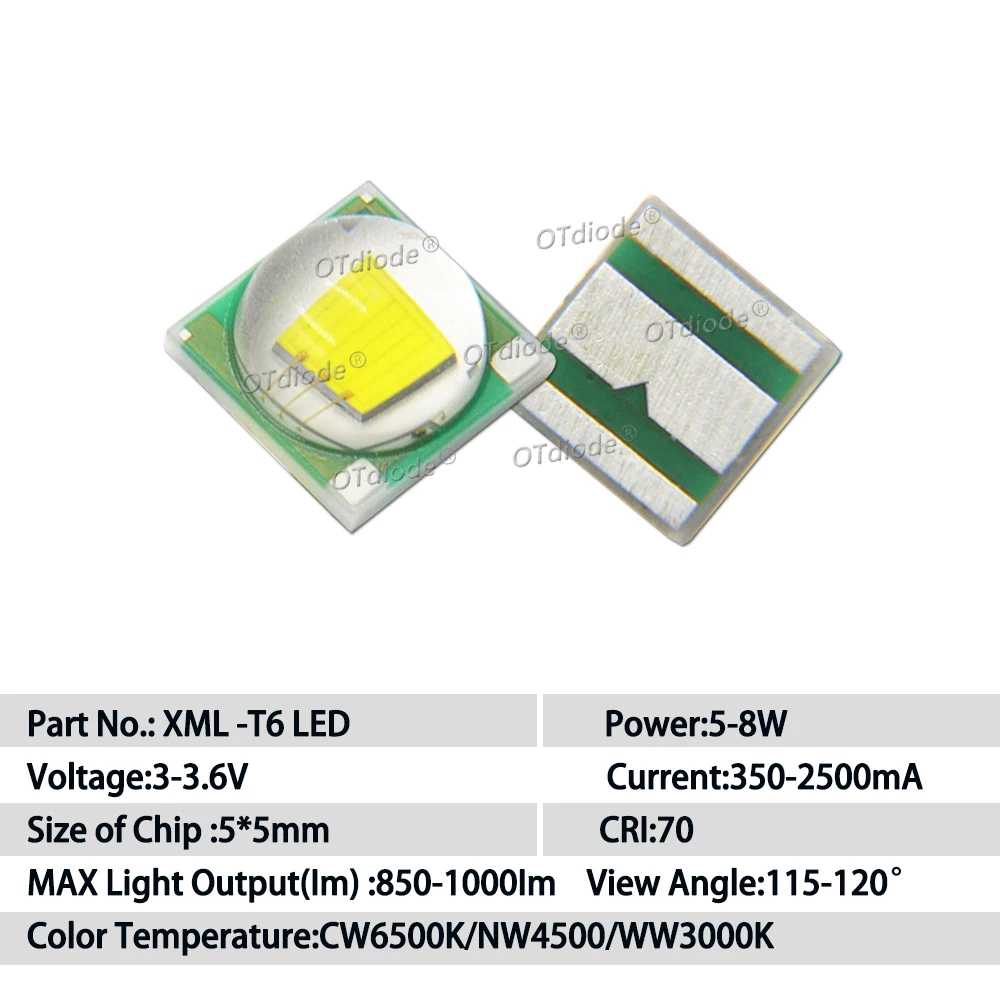 5pcs 5W-8W High Power LED Diodes 5050 XM-1 T6 XMLL 3.0V-3.4V 2A-2.5A 5*5mm Chip For Flashlight Parts Bicycle Car Accessories Diy