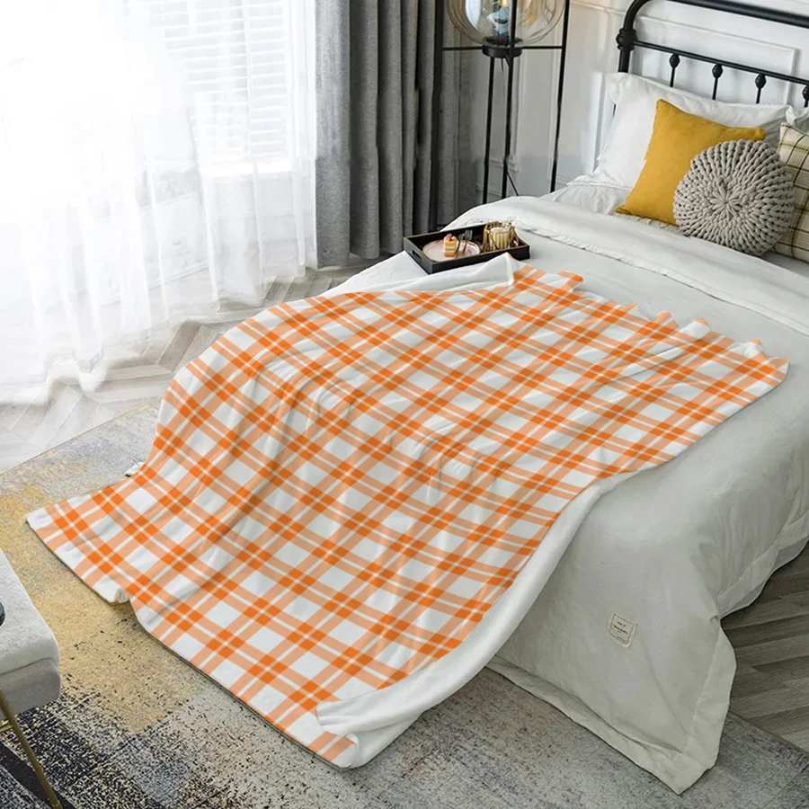 

Orange And White Check Microfiber Flannel Cover Blanket Bedroom Living Room Sofa Soft And Comfortable Home Decoration