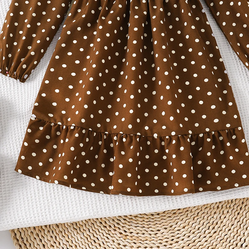 Retro-Freizeitkleid mit Punktemuster für Teenager-Mädchen, Rundhalsausschnitt, Reißverschluss hinten, Laternenärmel, geraffte Taille, Swing-Midikleid – Detail 6