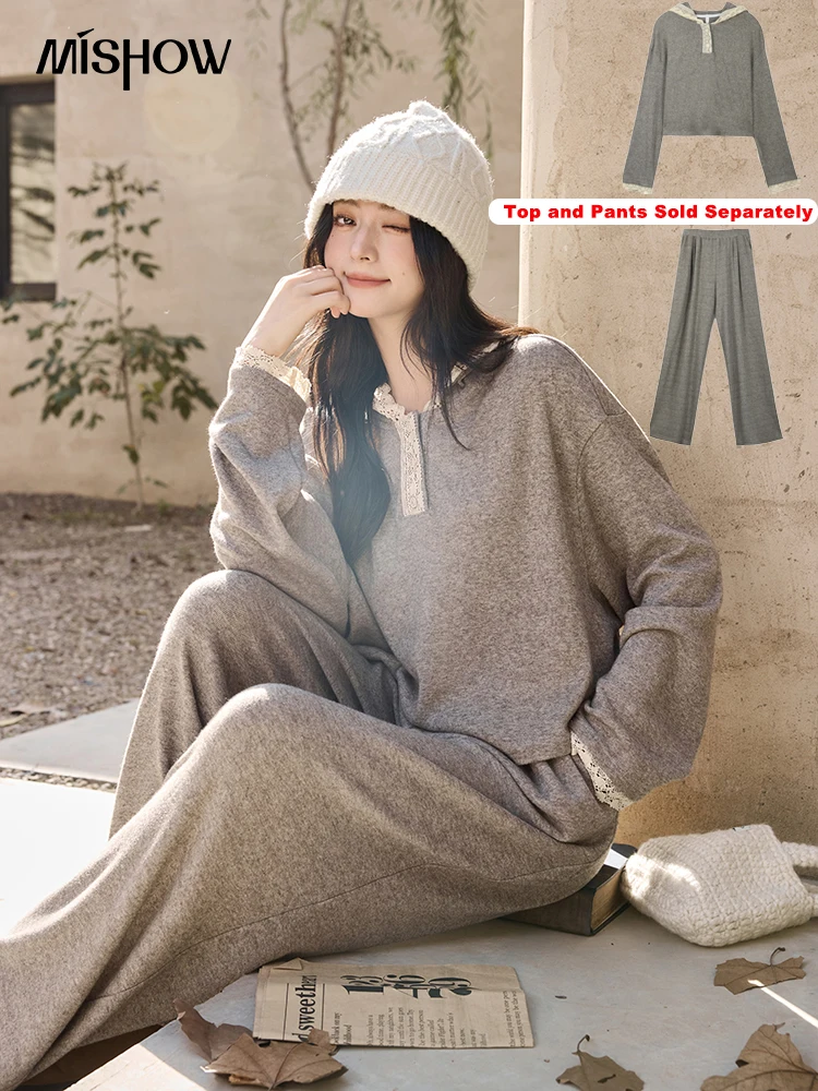 

MISHOW Women's Sweatshirt Wide Leg Pants Separately 2025 Fall Winter Lace Splicing Hooded Casual Elastic Waist Pants MXD34V0098