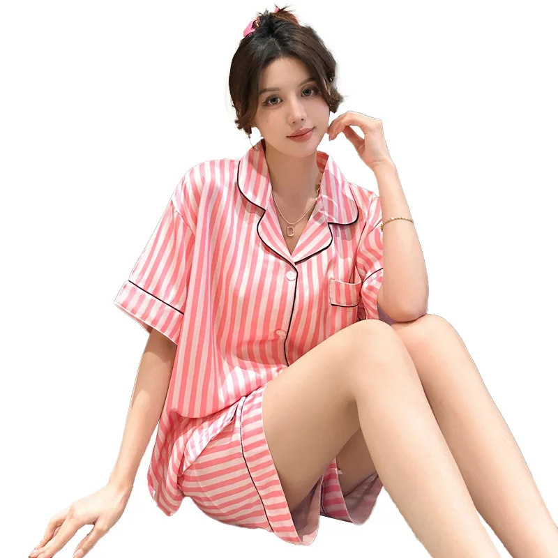 Women\'s Pajamas Sets Summer 2 Piece Striped Print Pyjama Faux Silk Satin Button Sleepwear Short Sleeve Pijama Mujer Pjs Homewear