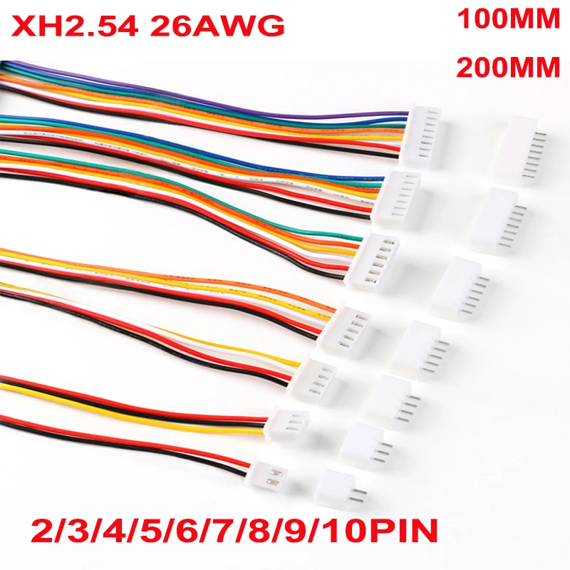 10Sets XH2.54 Male Plug Connector+ Female Straight Needle 2/3/4/5/6/7/8/9/10Pin 26AWG Pitch 2.54MM With 100MM/200MM Wire