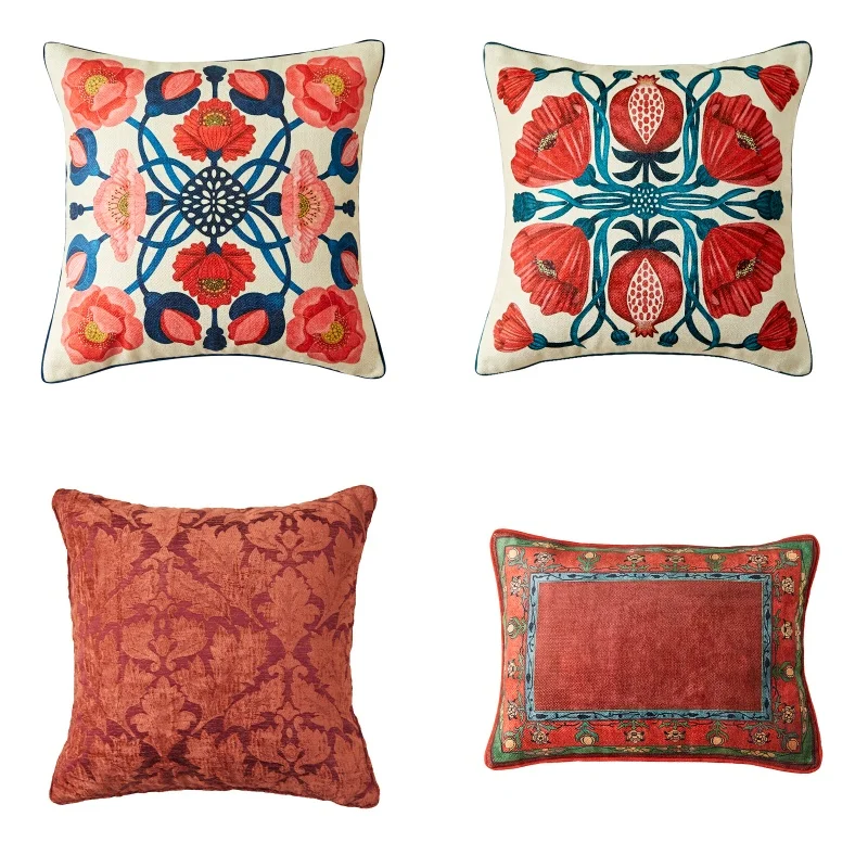 Red Flora Pillows Luxury European Style Cushion Case Retro Garden Flower Decorative Pillow Cover For Sofa Chair Home Decorations