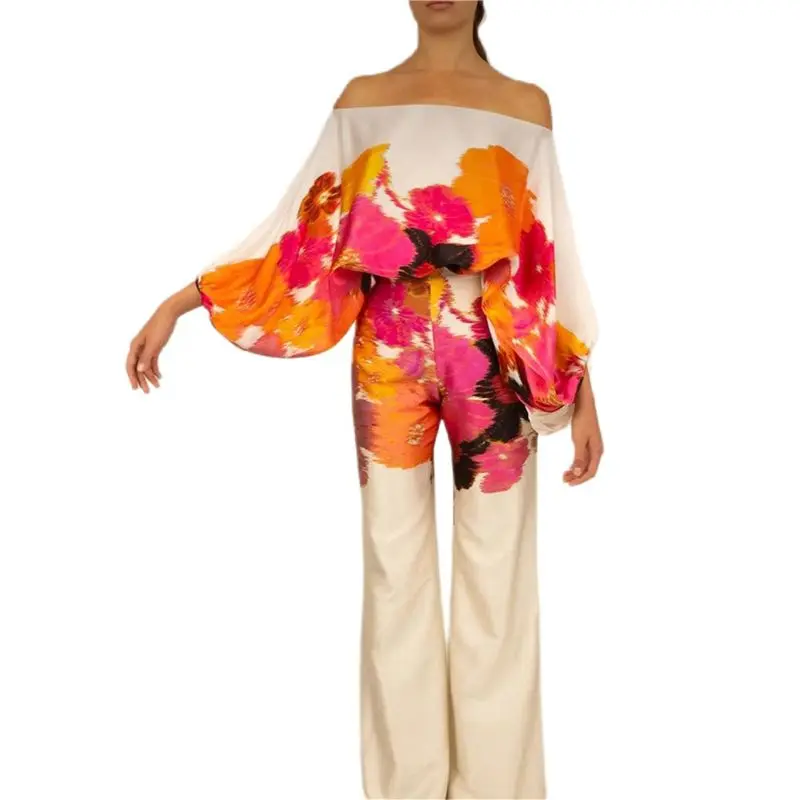 ABVG-Womens Fall Loose 2 Piece Outfits Off Shoulder Printed Long Sleeve Casual Wide Leg Pants Set