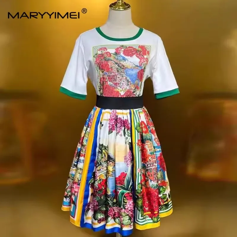 MARYYIMEI Terno feminino de verão, manga curta, casual, básico, tops + saia plissada de seda, estampa de moda, férias, conjunto de duas peças