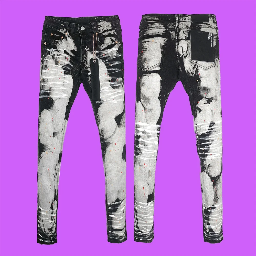 

Новинка 2024, Модные фиолетовые джинсы roca, брендовые новые джинсы в американском ретро стиле, рваные индивидуальные трендовые джинсы стрейч с нашивками