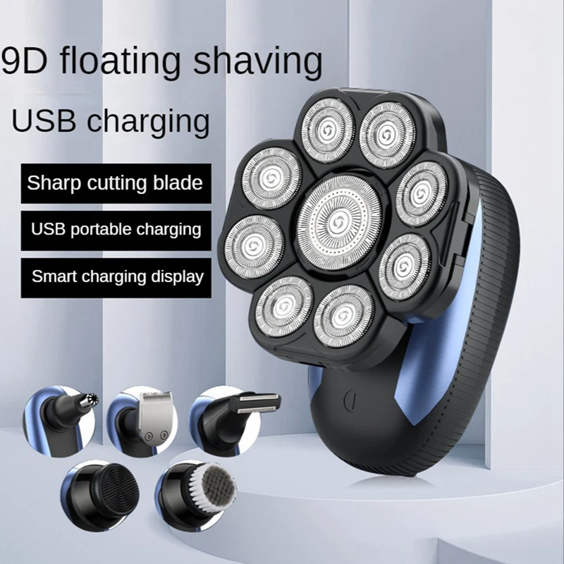

6 In 1 Electric Shaver For Men 4D Shavers 9 Floating Heads Beard Nose Ear Hair Trimmer Shaver Clipper Facial Brush