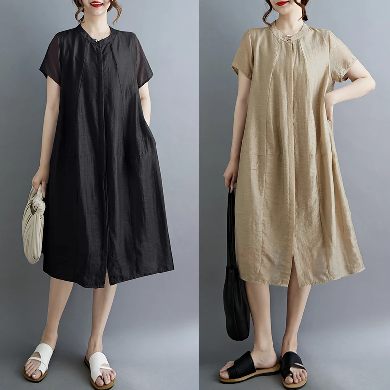 Slimming ort Sve irt Dr European Sle Loose Fit Faionable Age-Defng High-End Feel Thin Material Polyester Cott...