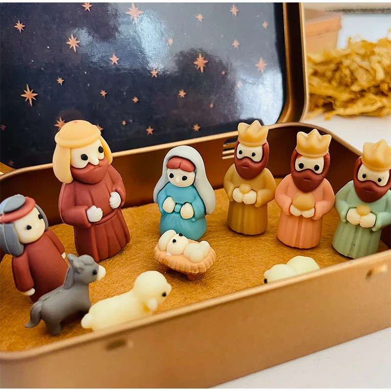 Christmas Horse Trough Design Scene Figurine Desktop Ornament Christmas Nativity Set Tin Box Packaging Resin Mini Scene Figurine