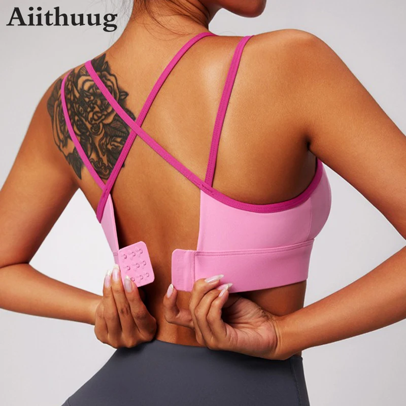 Aiithuug Hit Color Crisscross Back Yoga Bras With Built in Padded Women's Double Straps Gym Workout Pilates Color Clash Tank Top