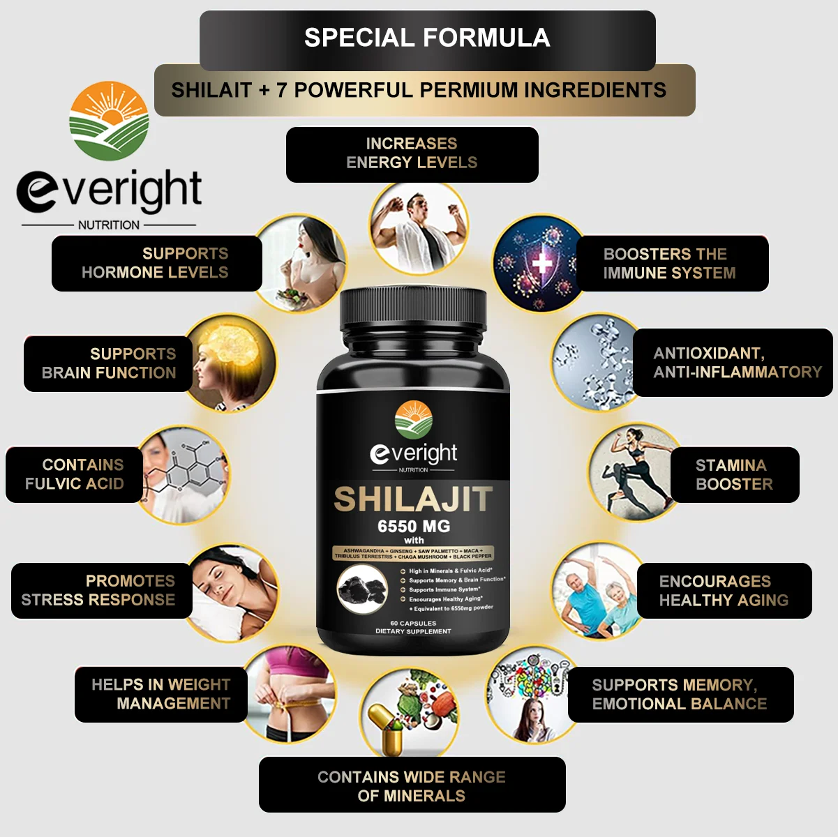 Shilajit Himalayan Supplement - 6550mg - with Ashwagandha, Ginseng, Saw Palmetto, Maca, Tribulus, Chaga - Non-GMO Health Vegan