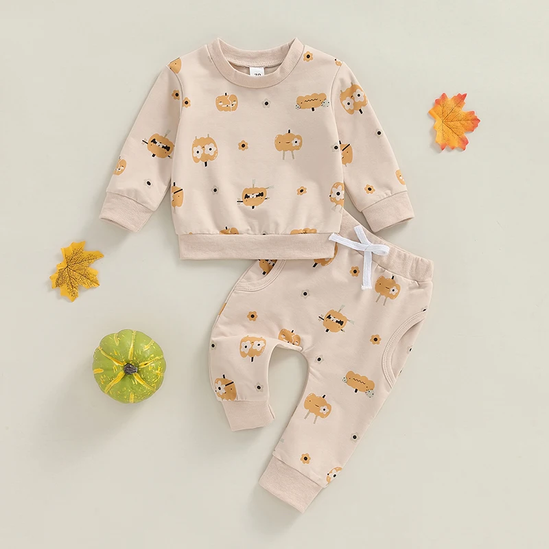 

Casual Baby Girls Outfit Pumpkin Flower Print Long Sleeve Crew Neck Sweatshirt Sweatpants Halloween Clothes Toddler Sets