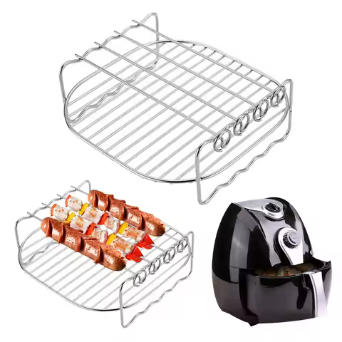 Baking Tray Skewers Air Fryer Stainless Steel Holder BBQ Rack Double-deck Home Air Fryer Accessories