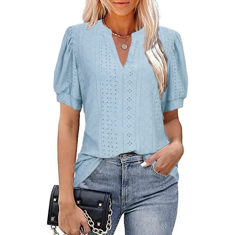 Foreign Trade 2025 Spring and Summer Casual V-neck Solid Color Hollow Bubble Sleeve Loose T-shirt Cw19477