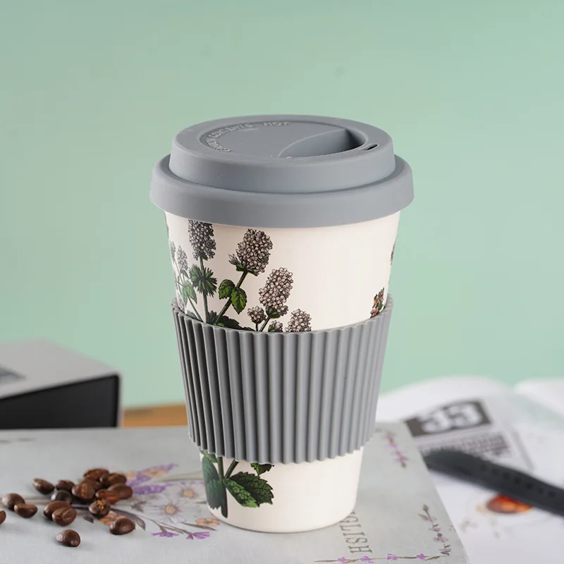 Bamboo Fiber Coffee Cup with Silicone Lid, Biodegradable Breakfast Milk Sticker Cups, Couple Cup, Birthday Gift Kawaii Cup