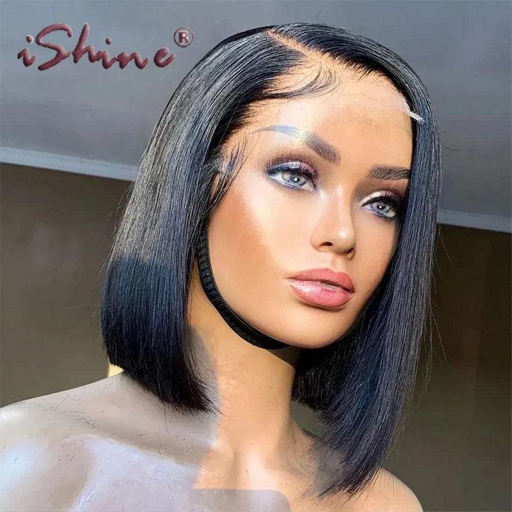 

Glueless Short Bob Human Hair Wig Brazilian T Part side part Straight Lace Front Wig For Women Brazilian 150Density 8-16 inches