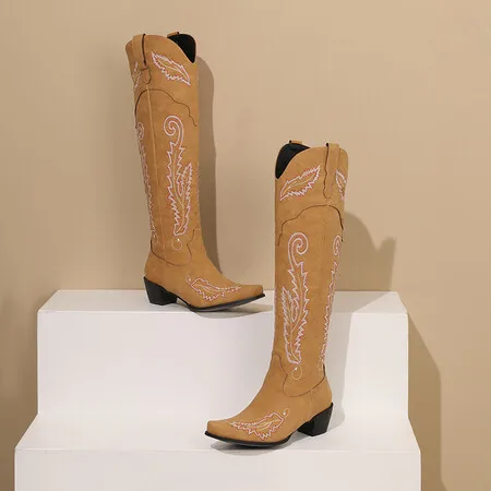 Embroidered Cowgirl Boots 2024 New Knee High Boots for Women Low Heels Lady Shoes Slip on Square Toe Western Cowboy Boots