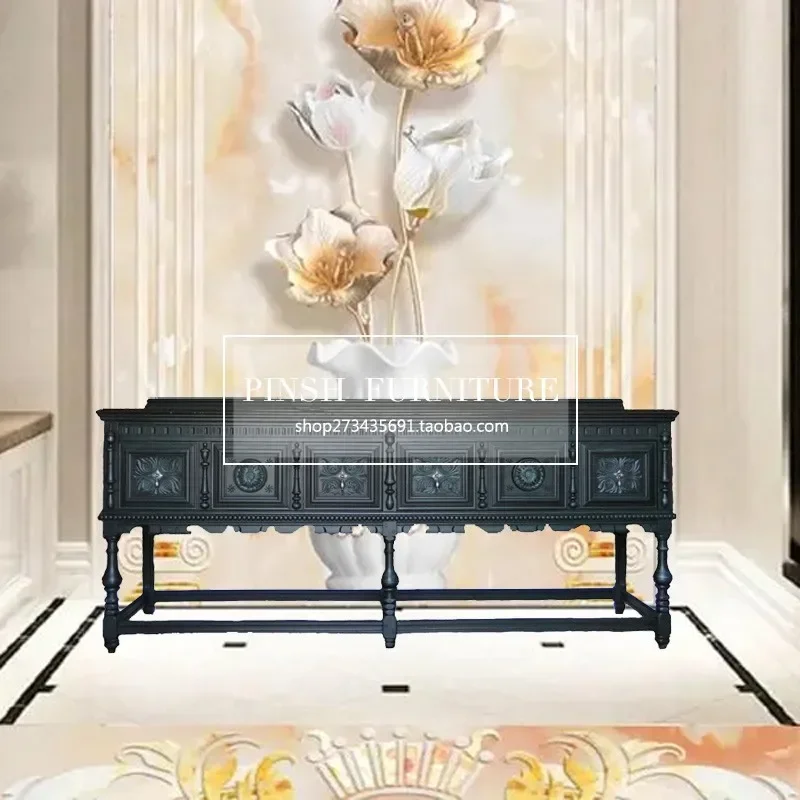 French solid wood carving flower dining side cabinet European retro old corridor against the wall