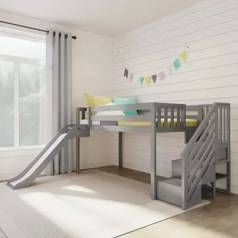 Twin Size Low Loft Bed with Slide and Stairs,Classic Solid Wood  Bedroom Furniture