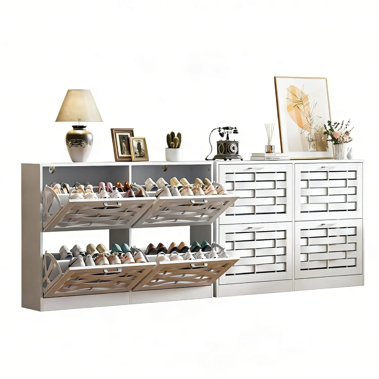 White Shoe Cabinet with 3 Flip Drawers Woven Design Slim Entryway Hallway Narrow Storage, Customized