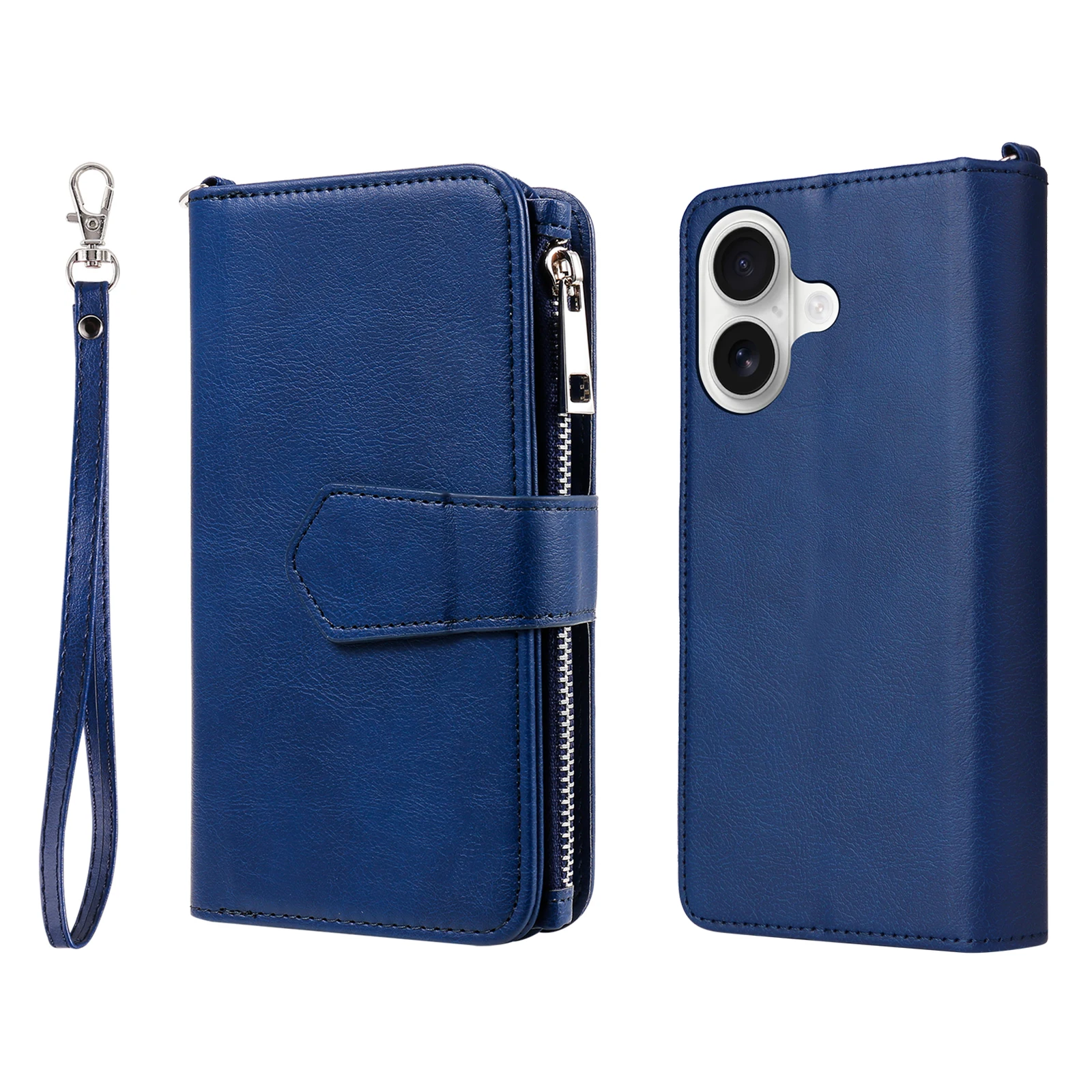 

For iPhone 17 Magnetic Leather Case Mobile Cover with Detachable Zipper Wallet Strap - Blue