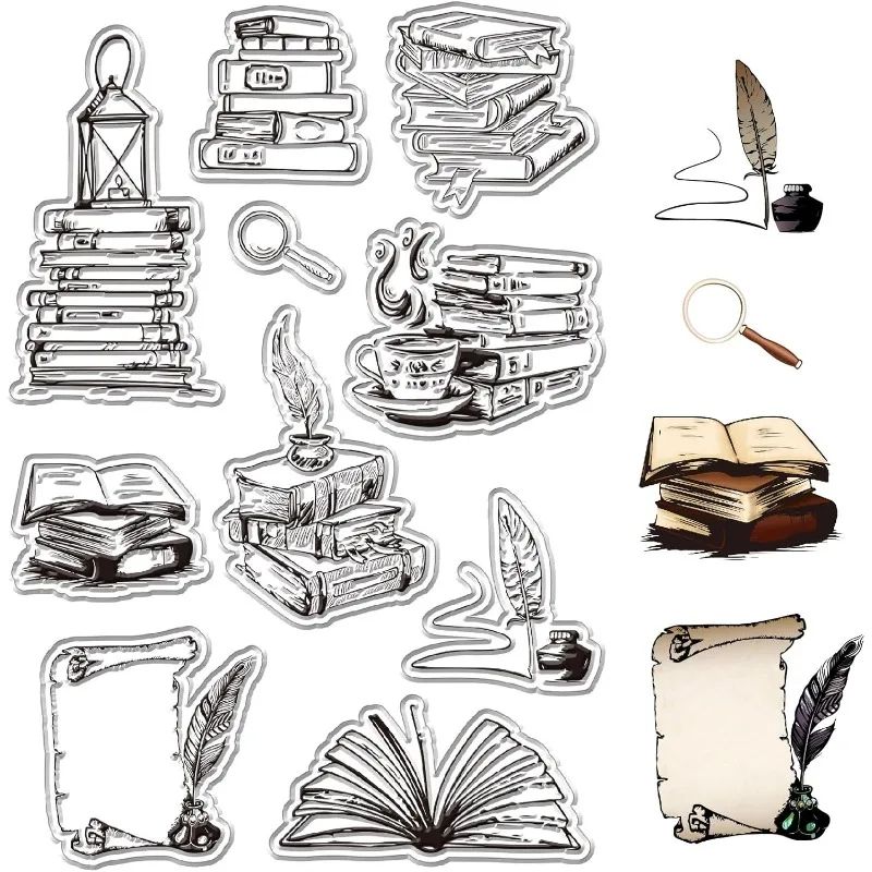 1Sheet Books Clear Stamps Magnifying Glass Quill Reusable Retro Transparent Silicone Stamp Seals for Scrapbooking Photo Album