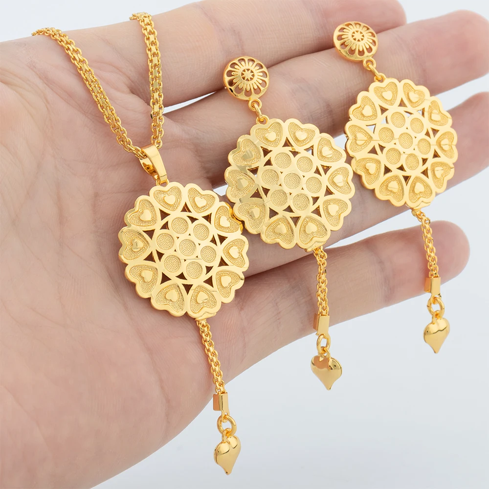2Pcs Round Beads Jewelry Set Gold Color Necklace Copper Drop Earrings For Women Simple Lucky Pendant Gift Jewelry Accessories