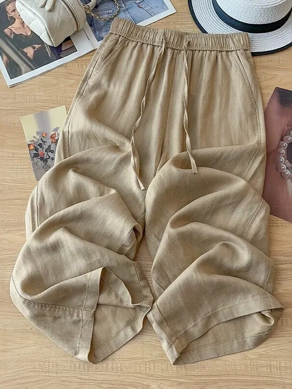 

Summer Thin Wide Leg Pants Women's Loose Casual Cotton Linen Loose Fit High Waist Straight Cut Trousers Breathable Comfortable