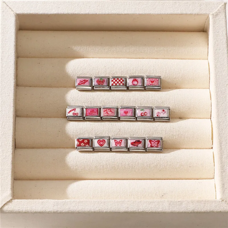 

New Sweet Pink Car Flower Butterfly NO.8 Ball Cherry Heart Web Italian Charm Links Fit 9mm Stainless Steel Bracelet DIY Making