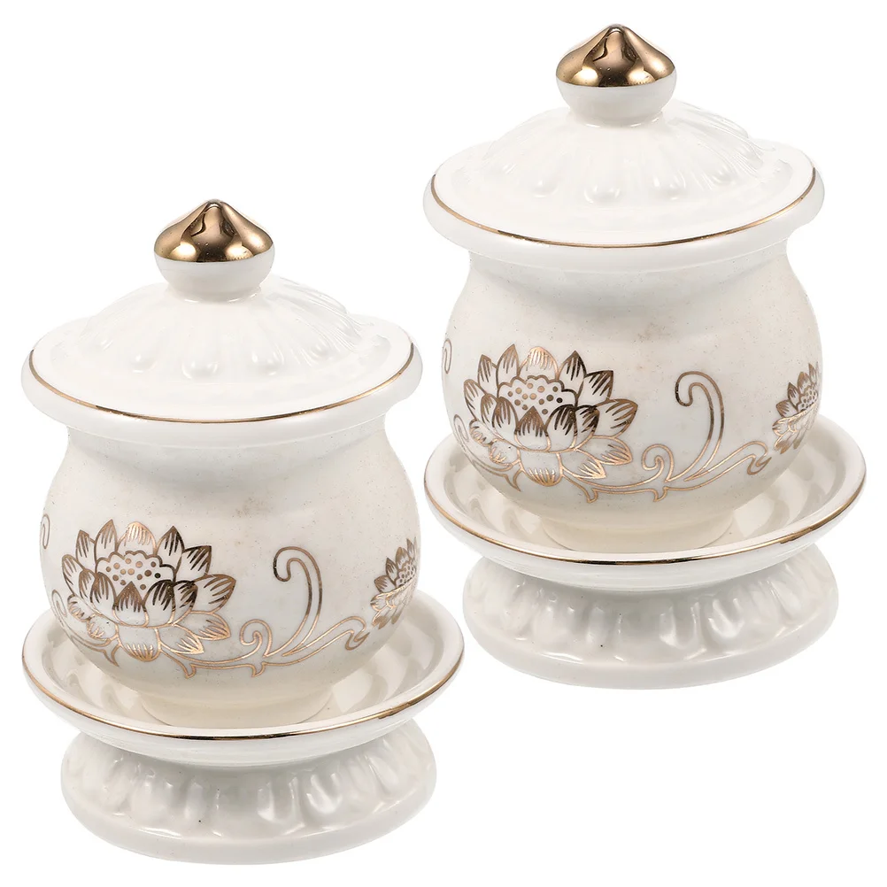 

2Pcs Worship Cup Temple Ceramic Water Offering Bowl Buddhist Supplies Lotus Pattern Ritual Decor Meditation Worship Cup