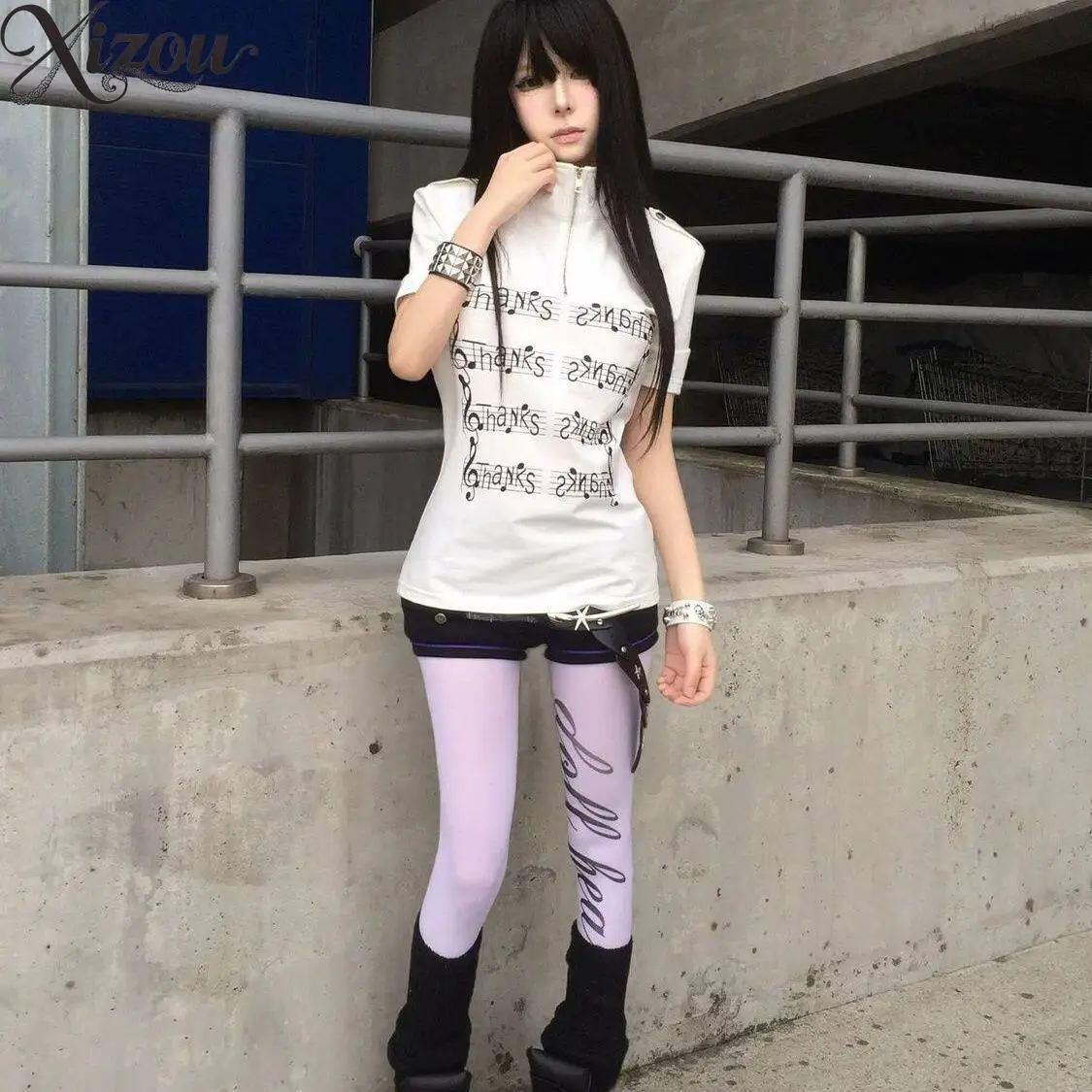 Women White Stand Collar Half Zip Short Sleeve T-Shirt Music Note Letter Print Slim Fit Y2K Vintage Punk Streetwear Summer Top